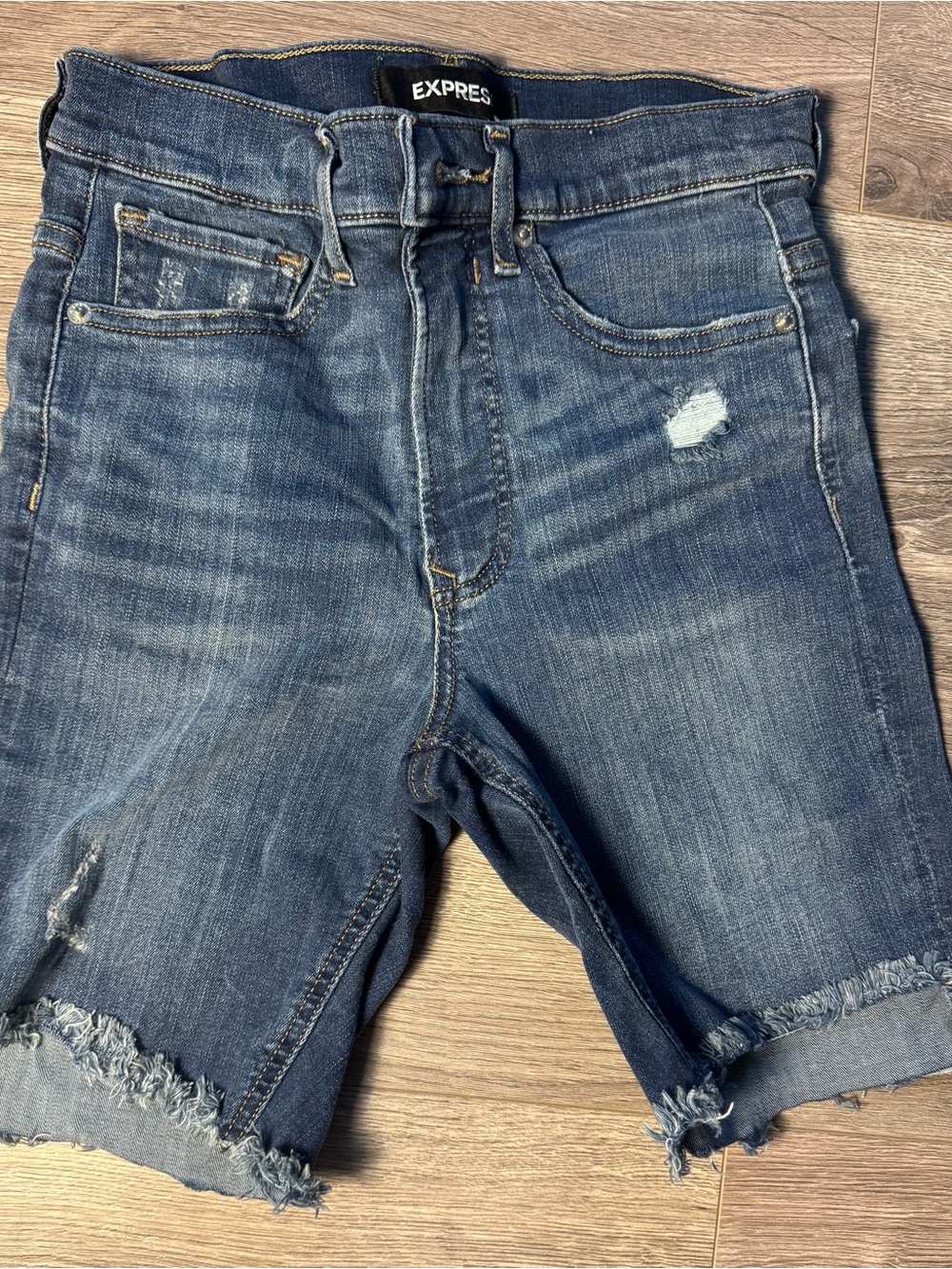 Express women Jean Shorts in Distressed Blue Wash